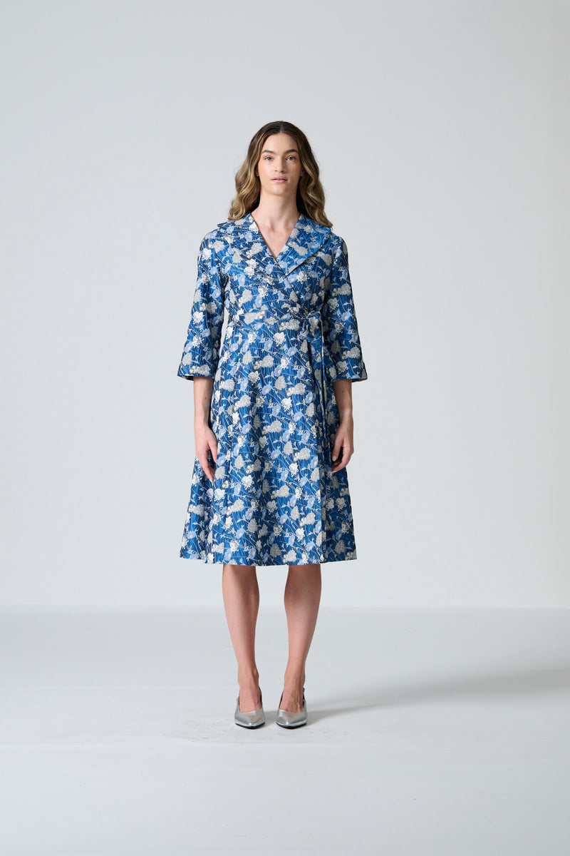 Rivonia Blue And White Brocade Wrap Coat Dress – Amanda Laird Cherry